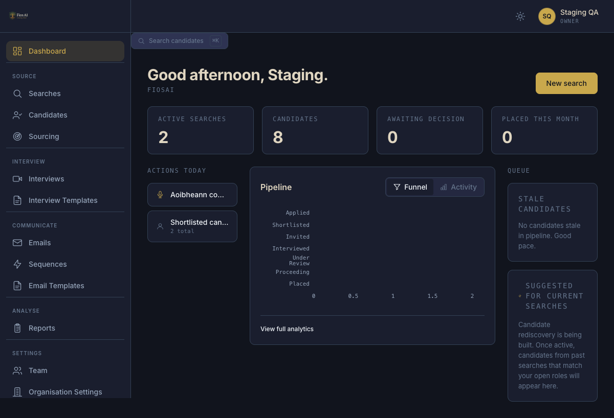Fios AI recruiter workspace, searches, pipeline and interviews